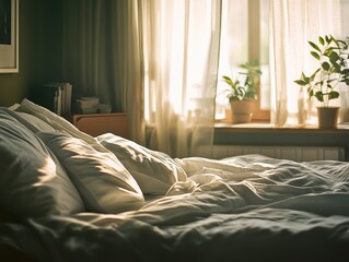 Sunlight streams into a bedroom with a cozy, unmade bed.  Soft, warm light illuminates white bedding and curtains. Plants are near the window