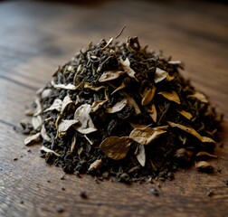 Macro shot of a small pile of tea leaves on a polished wooden surface, showcasing intricate details. Generative AI