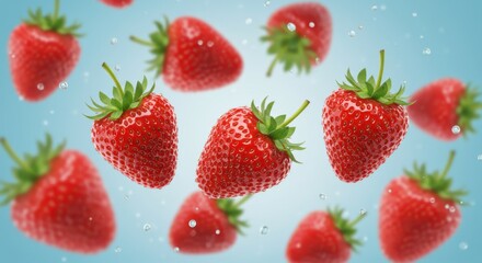 Floating strawberries with water droplets on a light blue background in a studio shot