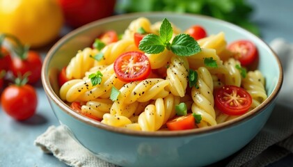 Bowl of vibrant pasta salad, colorful vegetables, fresh herbs , pasta salad, meal