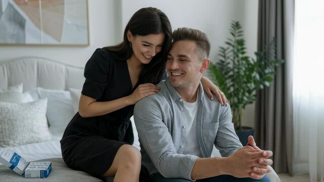Woman puts hand on man's shoulder at home by open medicine next to bed as couple smiles at each other. Intimacy and relationship therapy concept.