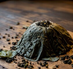 Macro shot of a small pile of tea leaves on a polished wooden surface, showcasing intricate details. Generative AI