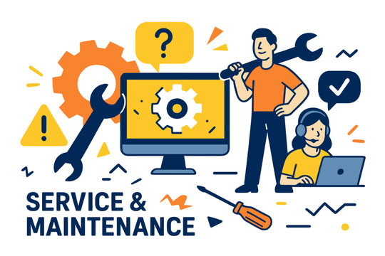 A flat design concept illustrating service and maintenance, designed for use in website banners, marketing materials, business presentations, and online advertising