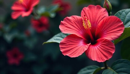 Intricate hibiscus blossoms, vibrant red & pink hues, details, blossom