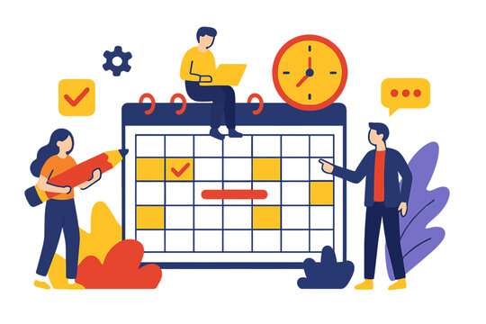 A business schedule planning concept is depicted through flat design, where a team of people utilize an online calendar, all set against a vector illustration background designed for a web landing