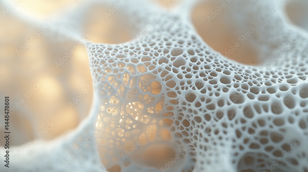 Poster close-up 3d abstraction of a porous organic structure with intricate, lace-like networks, resembling