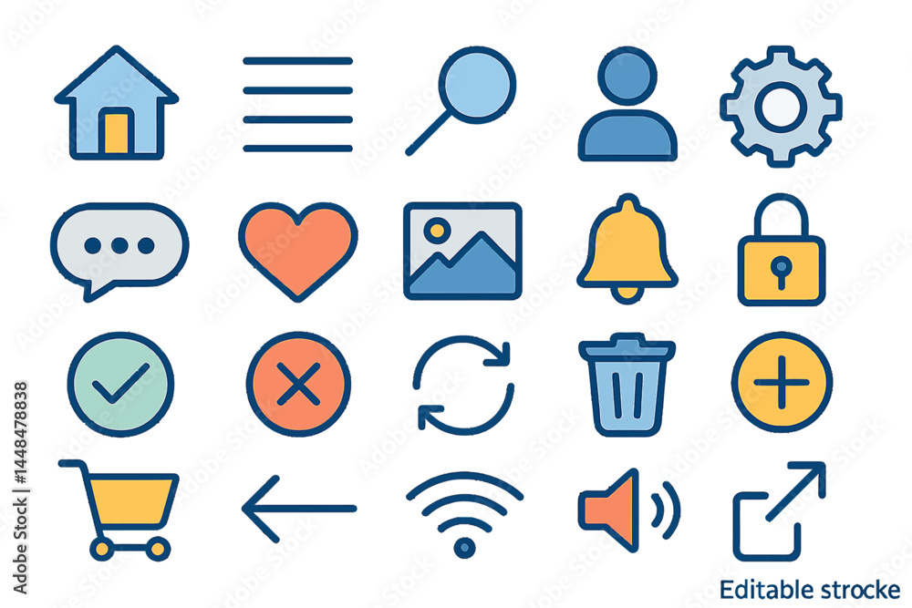 Poster a set of basic ui ux icons for user interface is provided, featuring vector illustrations and editab