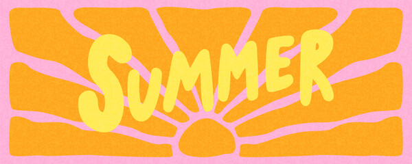 Summer horizontal abstract background with bright retro groovy sun and text Summer. Modern art minimalist style design template for sales, horizontal poster, header, cover, social media, fashion ads