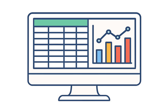 Illustration in flat style depicting a desktop computer with a spreadsheet table and graphic on its white monitor