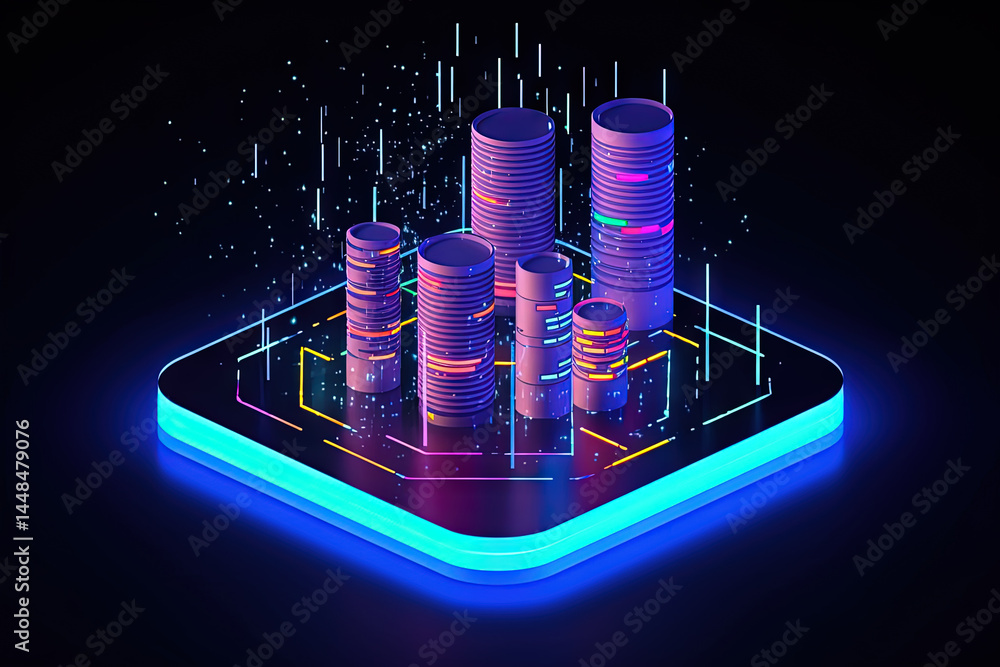 Poster 3D business graph with organized bars and information blocks. Abstract infographic element. Business growth and development to success concepts