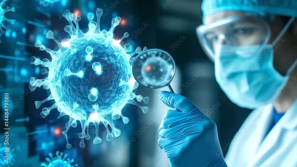 Poster a scientist wearing a face mask and gloves holds a magnifying glass up to a digital virus hologram, 