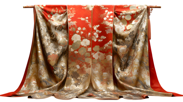 A richly patterned uchikake bridal kimono, gold threads and red background, heavy elegant drape, isolated on transparent background