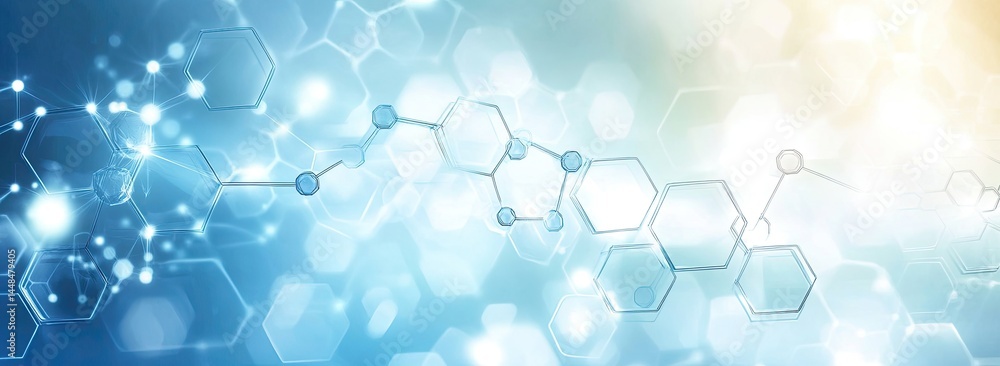 Poster glowing molecule structure displays complex interconnectedness against a gradient blue and white bok