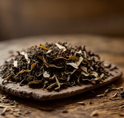 Macro shot of a small pile of tea leaves on a polished wooden surface, showcasing intricate details. Generative AI