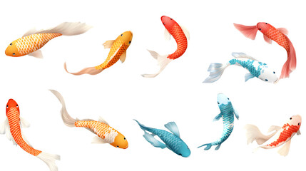 A set of colorful koi fish flags (koinobori) fluttering in imaginary wind, bright fabric textures, isolated on transparent background