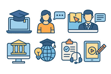 Vector illustrations of e-learning, education, online school, and webinar icons can be edited and used for website marketing, logos, apps, templates, and UI design