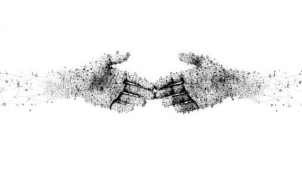 Two hands formed with network lines and dots reach towards each other in a minimalist, digital fist bump.