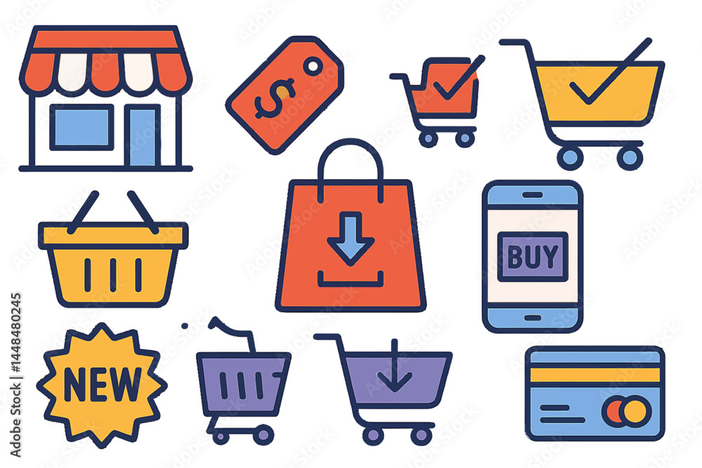 Poster shopping icons and a shop sign are available as a vector for web development apps and websites