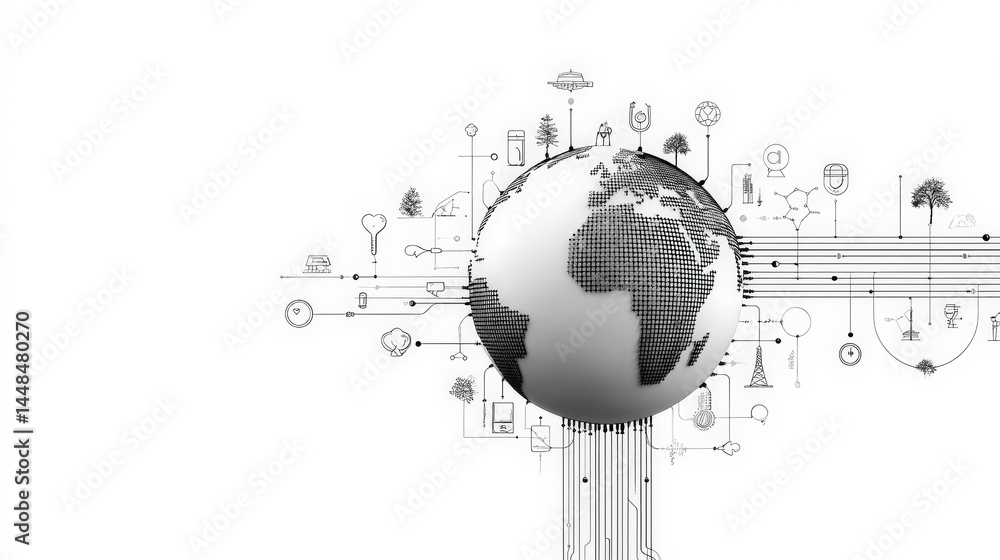 Poster monochrome image featuring a globe surrounded by digital and ecological icons representing connectiv