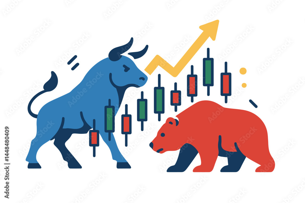 Poster the notion of a market exchange is represented by a graphic that combines a bull and a bear with a c