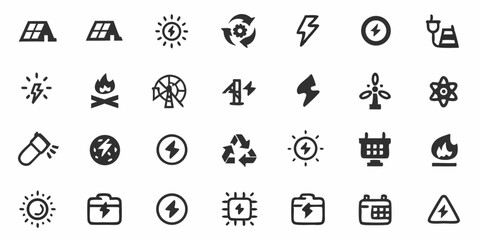 Collection of energy related icons including solar panels, lightning bolts and recycle symbols in black created with generated ai