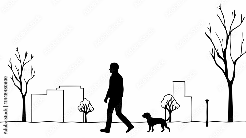 Poster silhouette of a man walking a dog in a park with buildings and trees in the background on a clear da