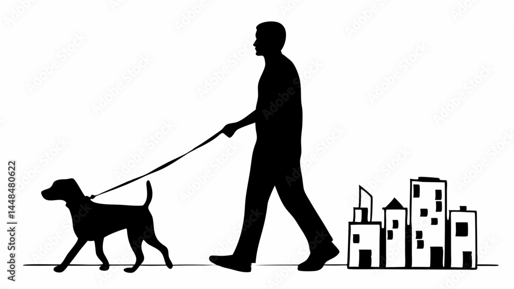 Poster silhouette of a man walking a dog on a leash with a cityscape in the background in black and white s