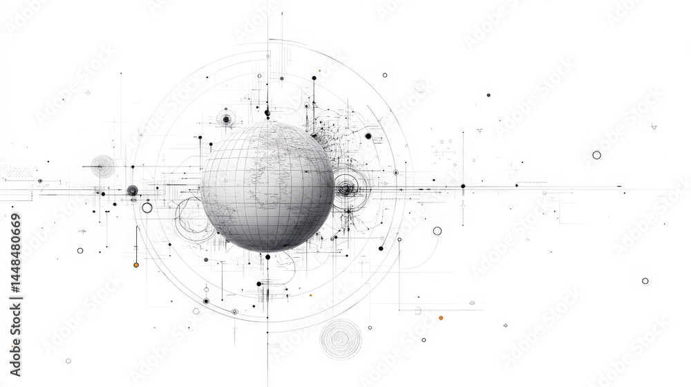 Poster abstract scientific illustration featuring a central sphere with intricate surrounding elements repr