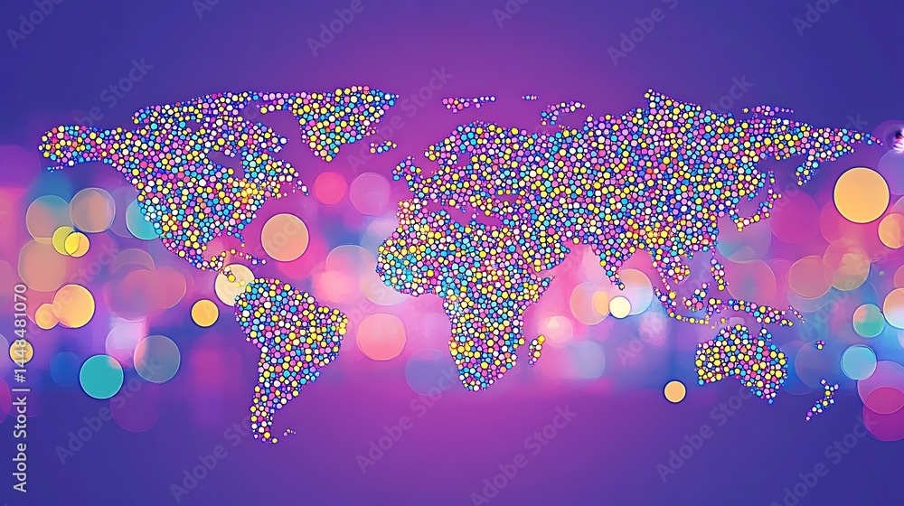 Poster colorful world map design with vibrant bokeh effect.