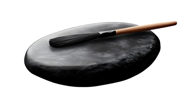A smooth black Japanese ink stone (suzuri) with ink brush resting on it, polished stone texture, realistic shading, isolated on transparent background
