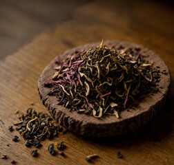 Macro shot of a small pile of tea leaves on a polished wooden surface, showcasing intricate details. Generative AI