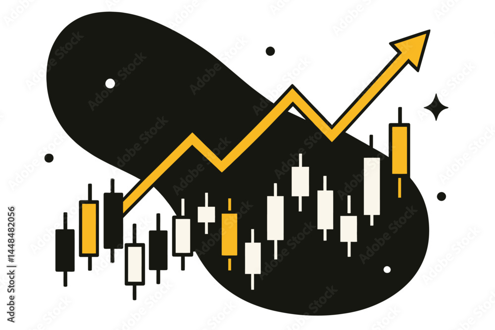 Poster a financial chart featuring an uptrend line graph and candlestick set against a black and white back