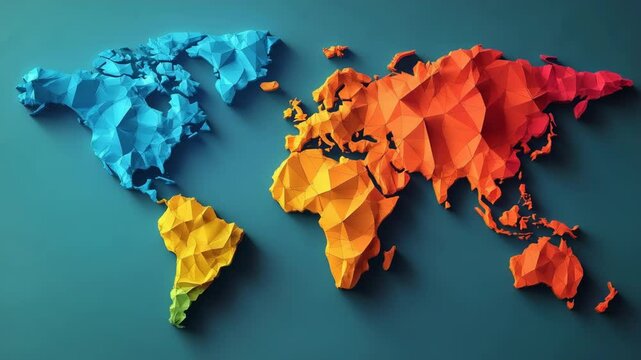 Abstract world map made of colorful geometric shapes on a teal blue background, showcasing continents with triangular facets
