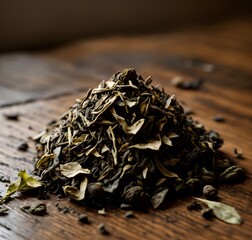 Macro shot of a small pile of tea leaves on a polished wooden surface, showcasing intricate details. Generative AI