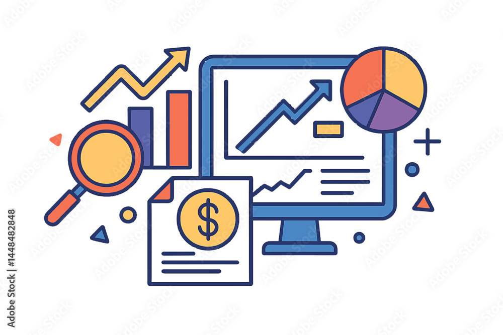 Poster view financial analytics and metrics research through a line art vector icon suitable for finance ap