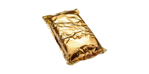 Golden Foil Packaging Bag. Premium Snack Or Product Wrapper Isolated On Transparent Background