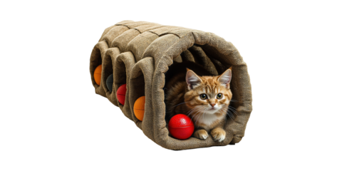 Cat In Burlap Tunnel With Colorful Balls. Pet Playtime And Enrichment Isolated On Transparent Background