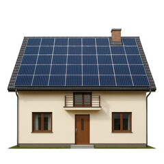 Fototapeta premium Modern residential house featuring extensive rooftop solar panels for generating clean sustainable electricity.