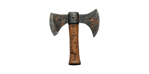 Double-Headed Battle Axe With Wooden Handle. Symbol Of Medieval Warfare And Historical Weaponry Isolated On Transparent Background