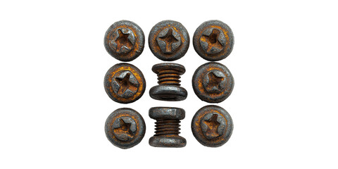 Rusty Phillips Head Screws Arranged In Grid Pattern. Industrial Decay And Aging Concept Isolated On Transparent Background