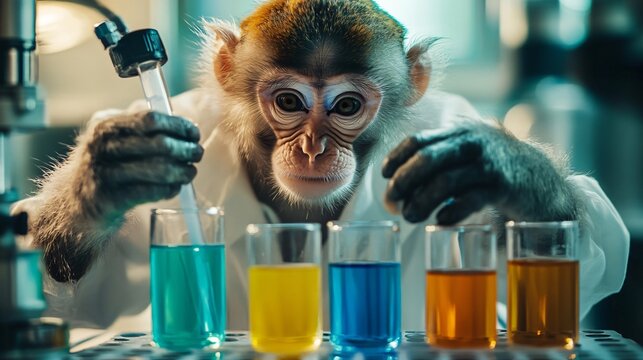 Smart monkey scientist conducts colorful experiment in laboratory setting