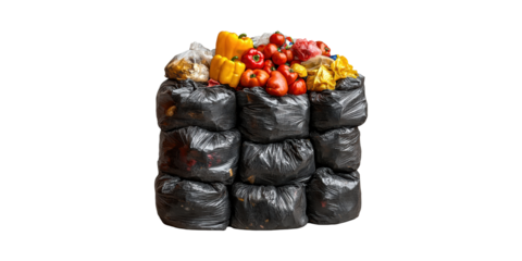 Stacked Garbage Bags With Fresh Produce Top. Highlighting Food Waste And Environmental Concerns Isolated On Transparent Background