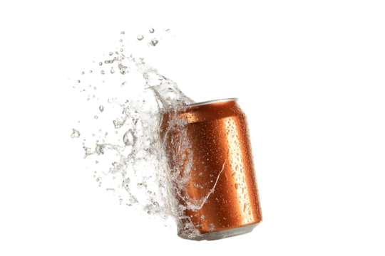 A fizzy cola drink bursting with bubbles and ice cubes as it overflows from a tilted can isolated on a white background