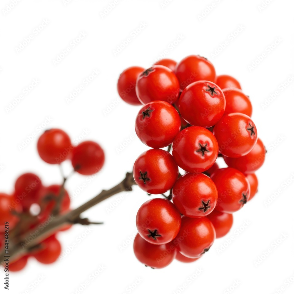 Aufkleber close up of a cluster of bright red rowan berries on a branch against a plain white background image