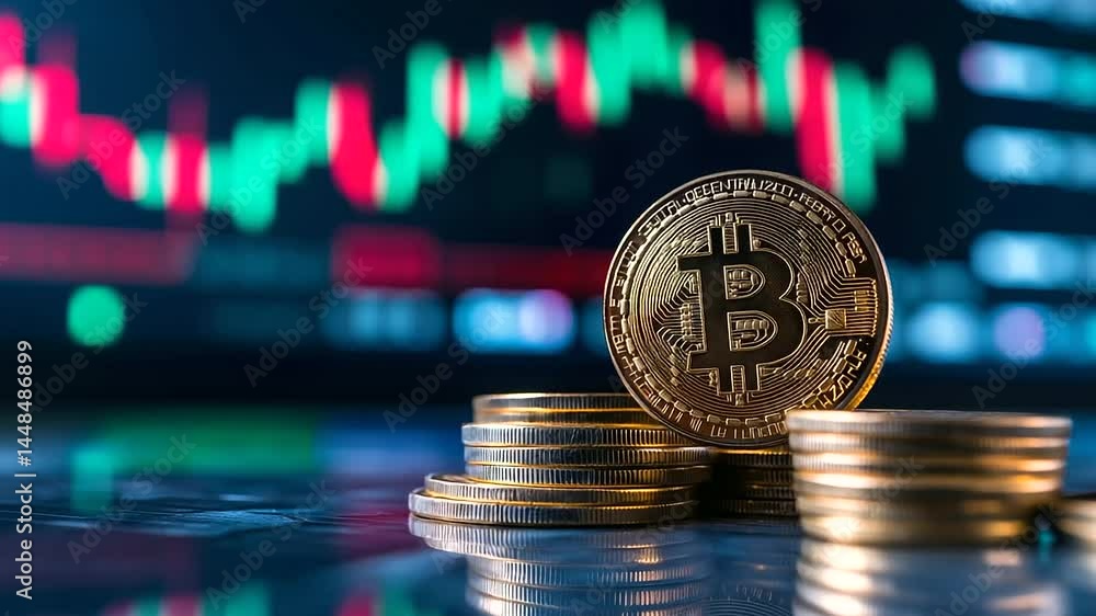 Poster a towering stack of golden cryptocurrency coins with a glowing digital trading chart in the backgrou