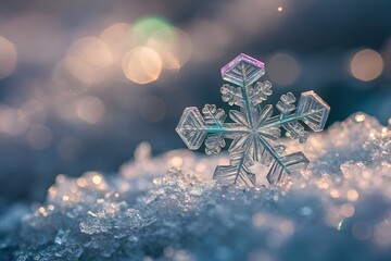 Delicate Snowflake Resting on Sparkling Winter Snow