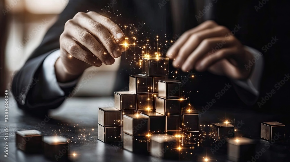Poster man stacks lustrous cubes surrounded by sparkling lights upon a polished dark surface for display