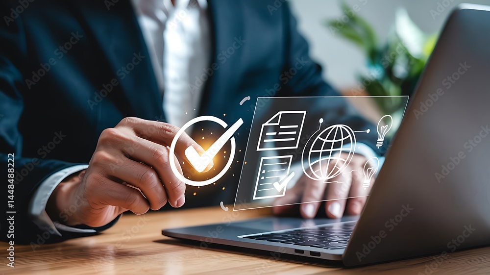 Poster business professional approving project online with virtual checkmark and icons using laptop for dig
