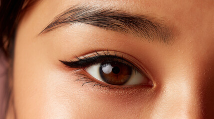 Obraz premium Closeup of Asian eye with soft black eyeliner and natural smooth skin texture