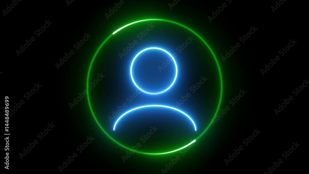 Poster glowing neon icon representing a user profile, featuring a blue outline of a person within a green c